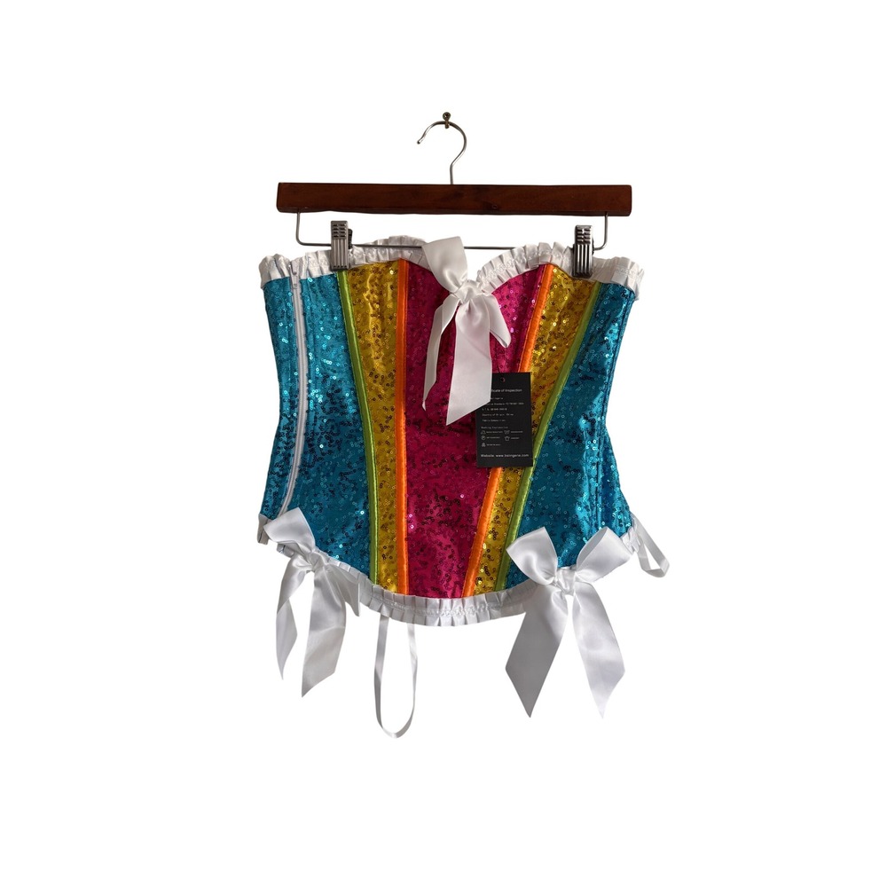 BS Lingerie Rainbow Sequin Corset Bustier‎ Boned White Ribbon Tie Up